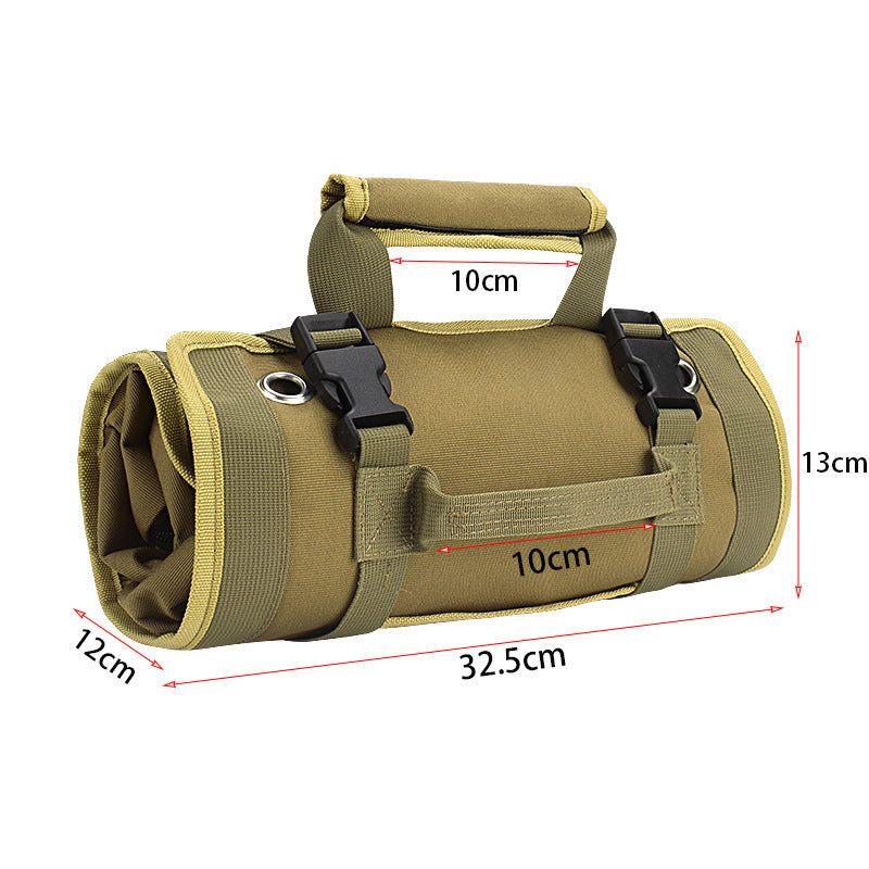 khaki Unrolled Tool Bag with show casing its dimensions  50 × 32 cm 