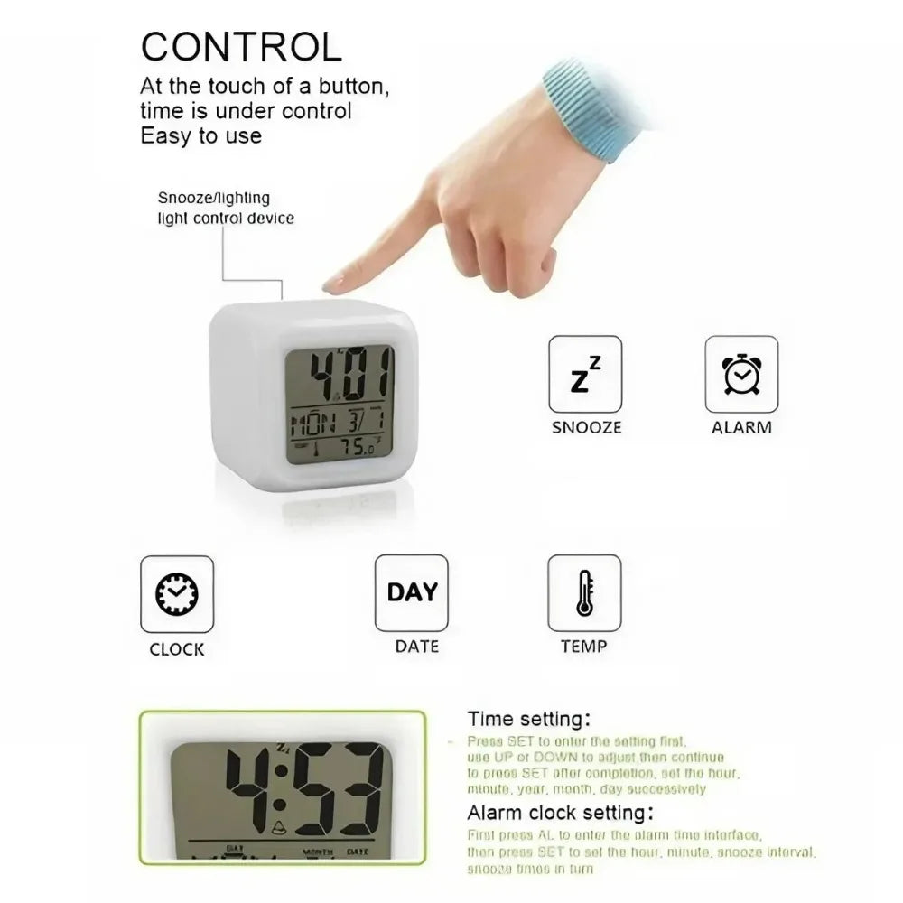 Digital alarm clock with monochrome display showing time 4:01; labeled with functions like snooze, alarm, clock, date, and temperature; includes hand pointing for tap control and setup instructions.