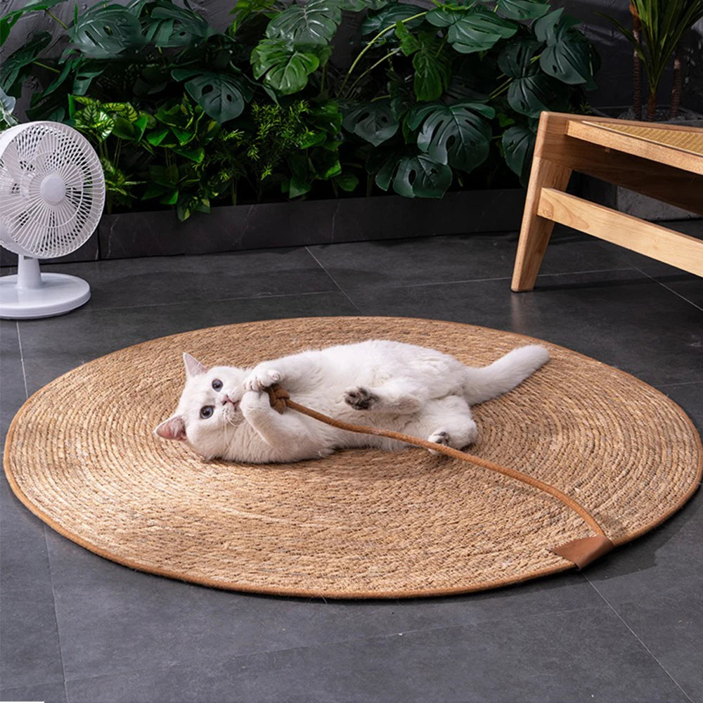 White cat biting rope toy while lying on large rattan scratcher mat indoors