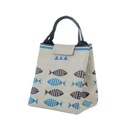 Light gray insulated lunch bag with blue and black fish design.