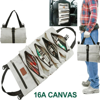 Light gray canvas tool roll bag displayed rolled and unrolled, shown mounted on a car seat and carried by hand for portability.