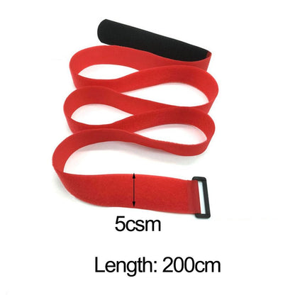 Red luggage strap with black buckle, labeled as 5cm wide and 200cm long for sizing clarity.
