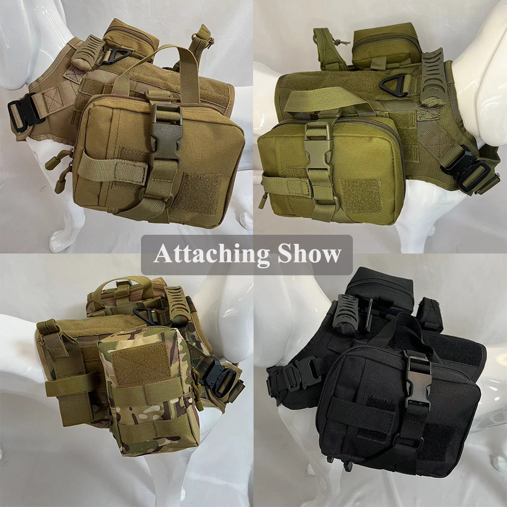 Close-up collage showing tactical MOLLE pouch sets attached to dog harnesses in four different colors.