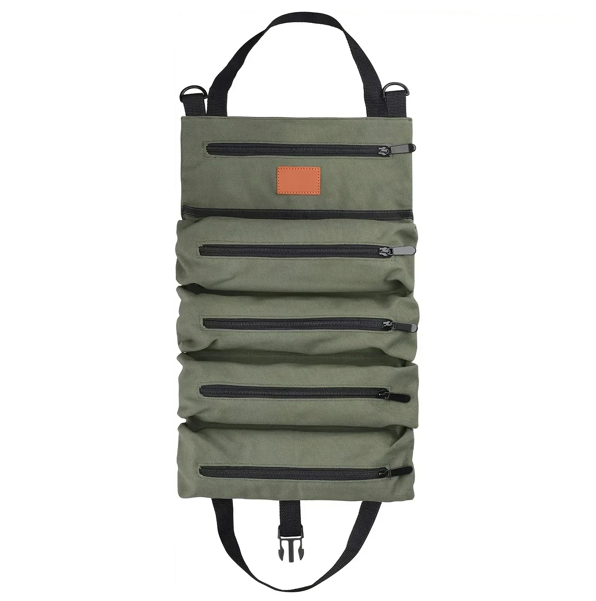 Green tactical backpack with multiple zippers on a white background