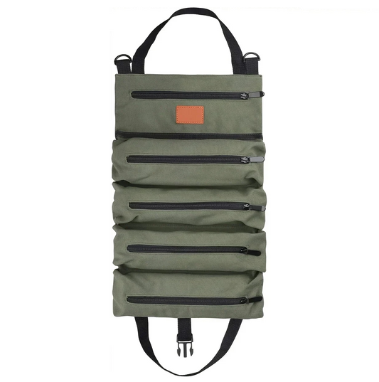 Green tactical backpack with multiple zippers on a white background