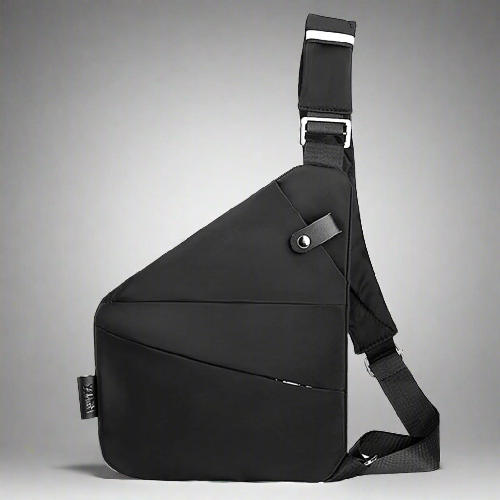 Black waterproof men's chest bag with crossbody strap shown on white background