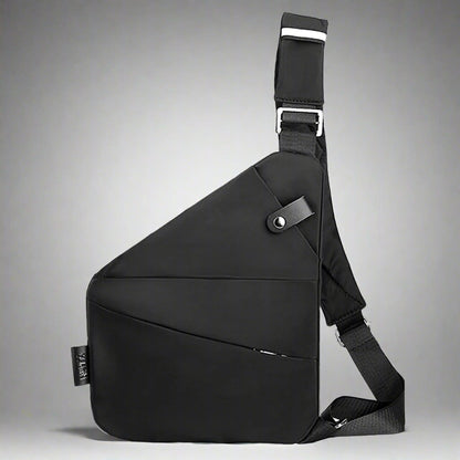 Black waterproof men's chest bag with crossbody strap shown on white background
