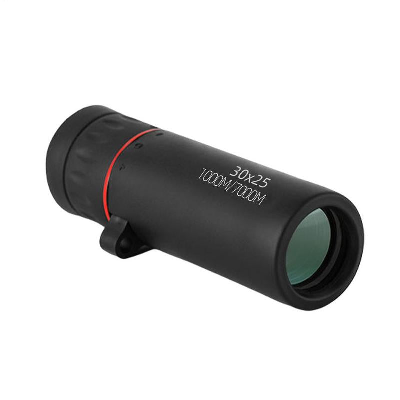 Compact black monocular with red ring design and 30x25 optical zoom, shown on white background