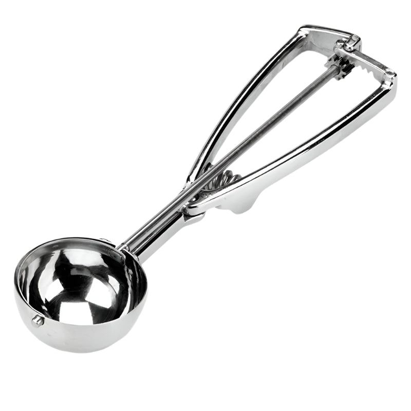 Side angle view of a stainless steel ice cream scoop with an ergonomic handle and visible gear system for easy portion release.