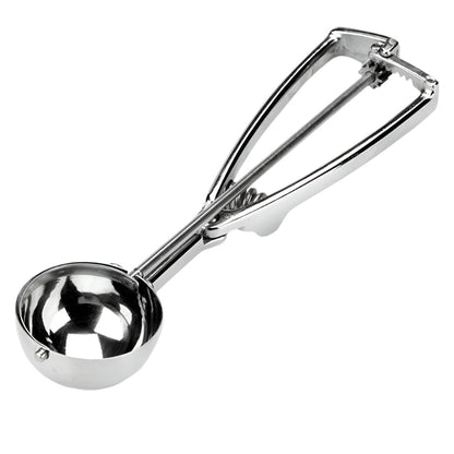 Side angle view of a stainless steel ice cream scoop with an ergonomic handle and visible gear system for easy portion release.
