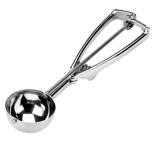Side angle view of a stainless steel ice cream scoop with an ergonomic handle and visible gear system for easy portion release.
