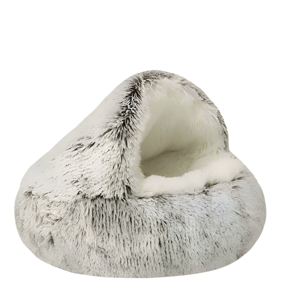 Main image of zokoria's Coffee Round plush cat bed with a 2-in-1 covered nest design for small dogs and cats in a white background. 