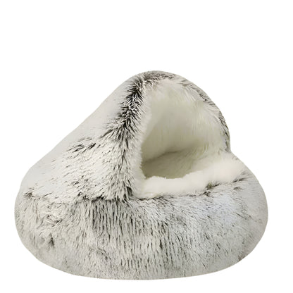 Main image of zokoria's Coffee Round plush cat bed with a 2-in-1 covered nest design for small dogs and cats in a white background. 
