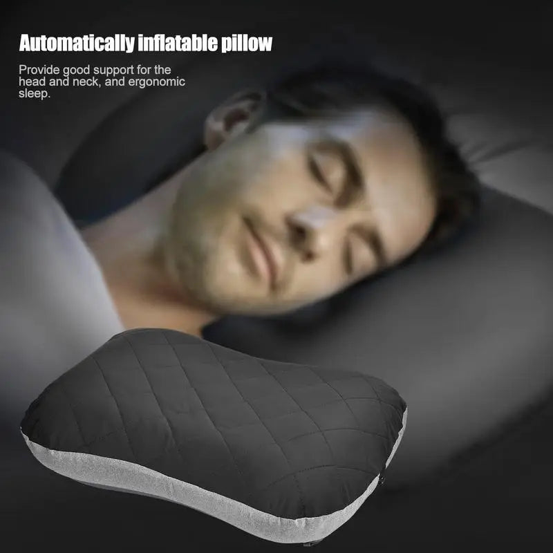 Scene of a man sleeping peacefully on his side using the black inflatable pillow in a dimly lit room, showcasing the pillow’s ergonomic contour and support for head and neck. Overlay text highlights it as an “automatically inflatable pillow” ideal for restful, supported sleep in travel or outdoor settings.