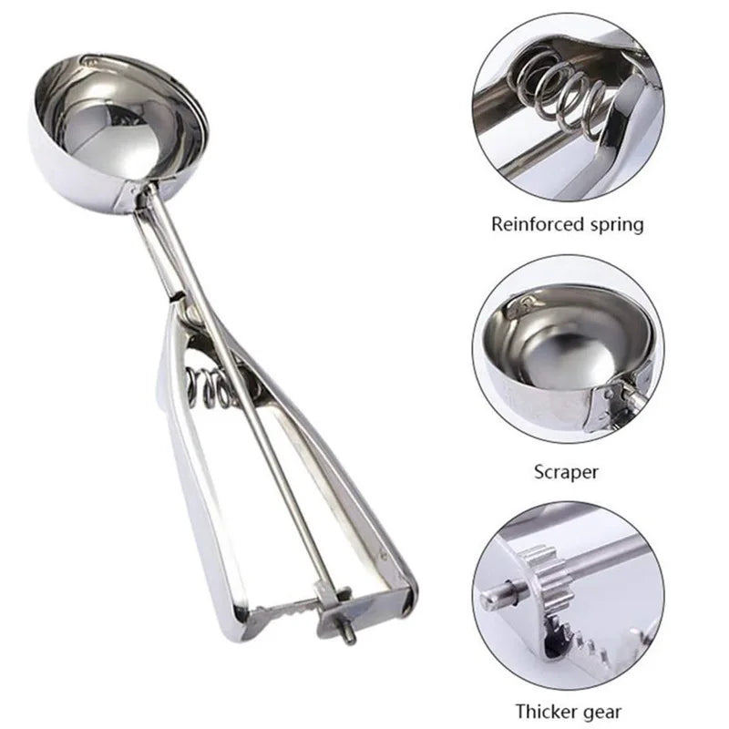 Stainless steel ice cream scoop with detailed callouts highlighting the reinforced spring, gear mechanism, and built-in bowl scraper.