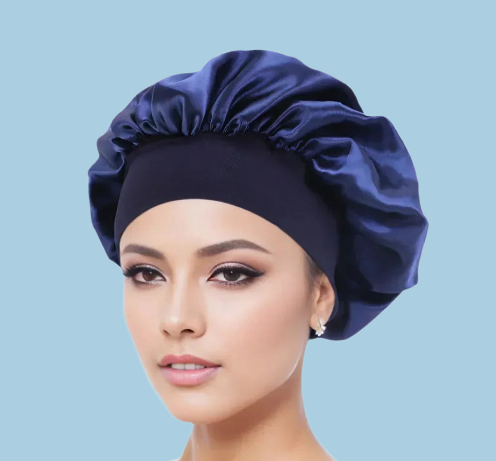 Female Model with navy blue satin bonnet  in a white background