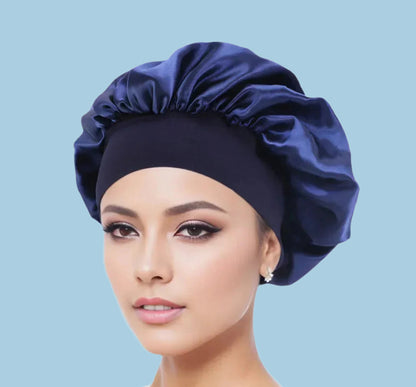 Female Model with navy blue satin bonnet  in a white background