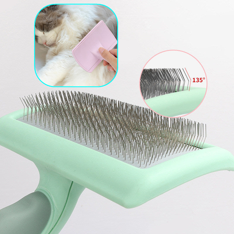 Close-up of green slicker brush bristles with inset image showing use on a cat and 135° bristle angle