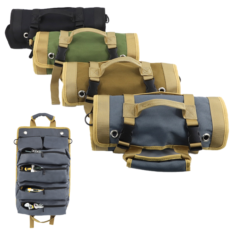 Set of four rolled-up tool roll organizers in different colors (black, green, tan, gray-blue), highlighting product variety and color options.