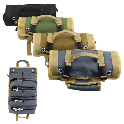 Set of four rolled-up tool roll organizers in different colors (black, green, tan, gray-blue), highlighting product variety and color options.