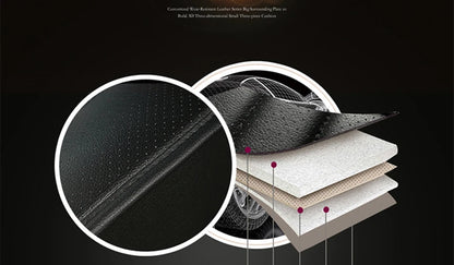 exploded view diagram of the car seat cushion materials, highlighting a textured black leatherette top layer over foam padding and breathable layers with an anti-slip backing