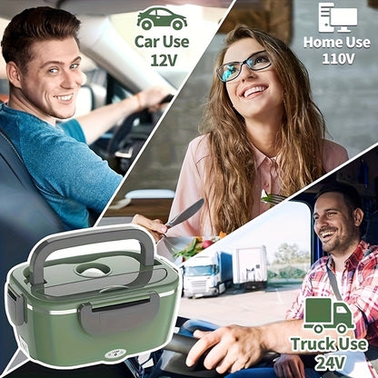 lunch box for car 12V, home 110V, and truck 24V with people eating/ driving, highlighting portable use.