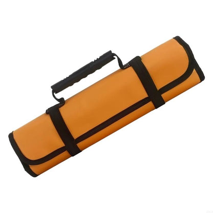 Rolled-up tool organizer in mustard yellow with black trim. Features a plastic handle and secure black straps for carrying, emphasizing its vibrant color and rugged utility.