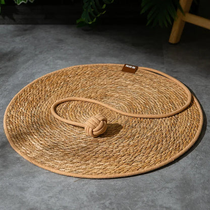 Eco-friendly round rattan cat scratcher mat with attached rope toy for interactive play