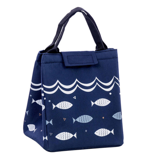 Close-up of a navy blue insulated lunch bag with fish design.