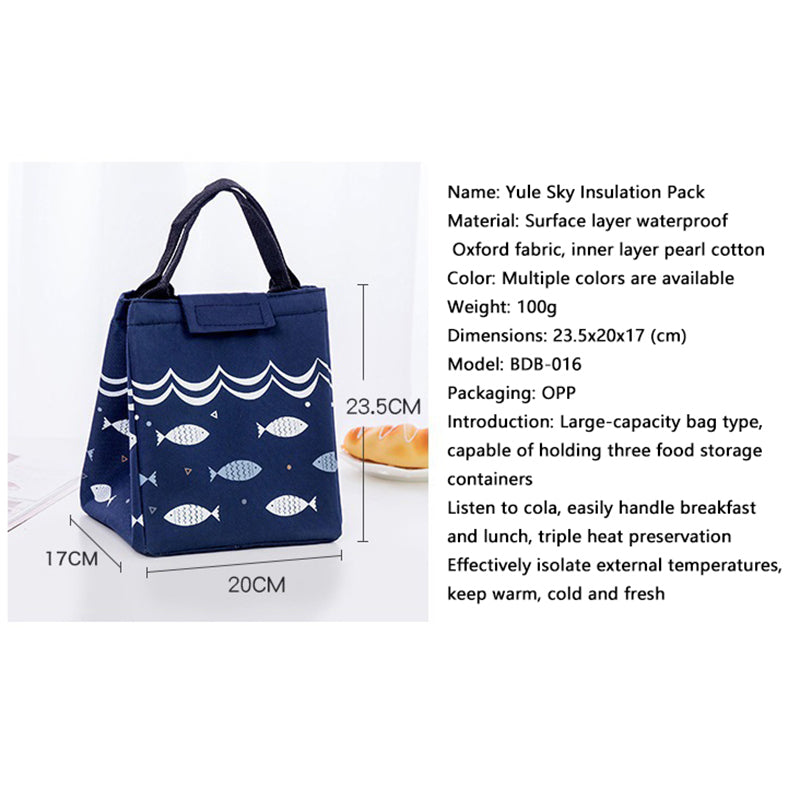 Navy blue insulated lunch bag with a fish-shaped print displayed on the left side, showing its dimensions (20 cm x 23.5 cm x 17 cm). On the right side of the image, key features and specifications are listed, highlighting its thermal insulation, portable design, and suitability for school, work, or picnics.