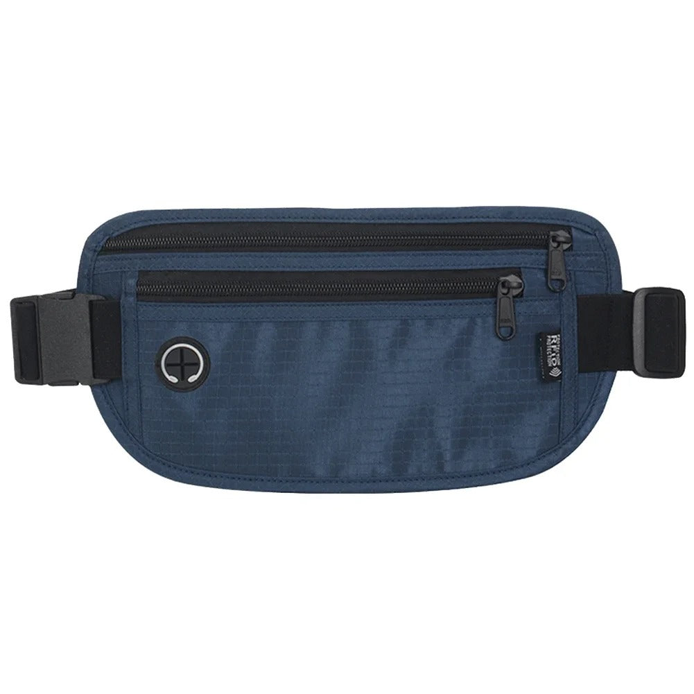 Front view of a gray travel waist pack featuring two zippered compartments and a circular headphone outlet, displayed against a white background.