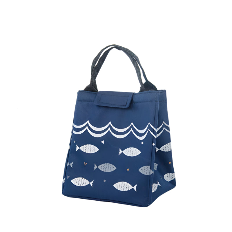 Navy blue insulated lunch bag with white fish and wave design.