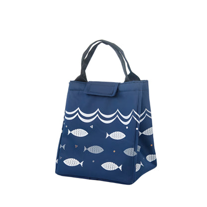 Navy blue insulated lunch bag with white fish and wave design.