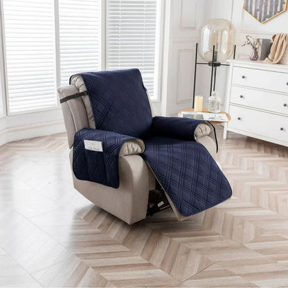 Navy Blue recliner chair cover with side pocket fitted on a beige recliner in a modern living room with wood flooring and white cabinetry
