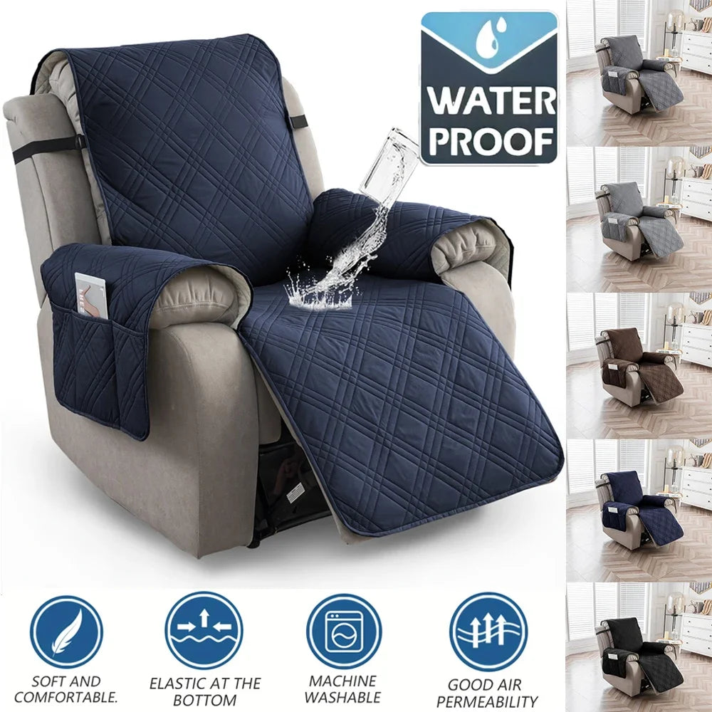 navy quilted recliner chair cover installed on a beige recliner, water splashing on the seat to show TPU-backed protection; color options shown at right