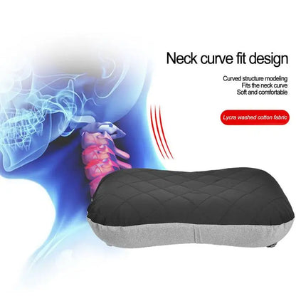 Illustrative graphic showing the black camping pillow supporting the cervical spine of a person, overlaid on an x-ray-style anatomical image of a human head and neck. The text reads “Neck curve fit design,” emphasizing the pillow’s contoured shape for ergonomic neck alignment and optimal comfort during sleep.