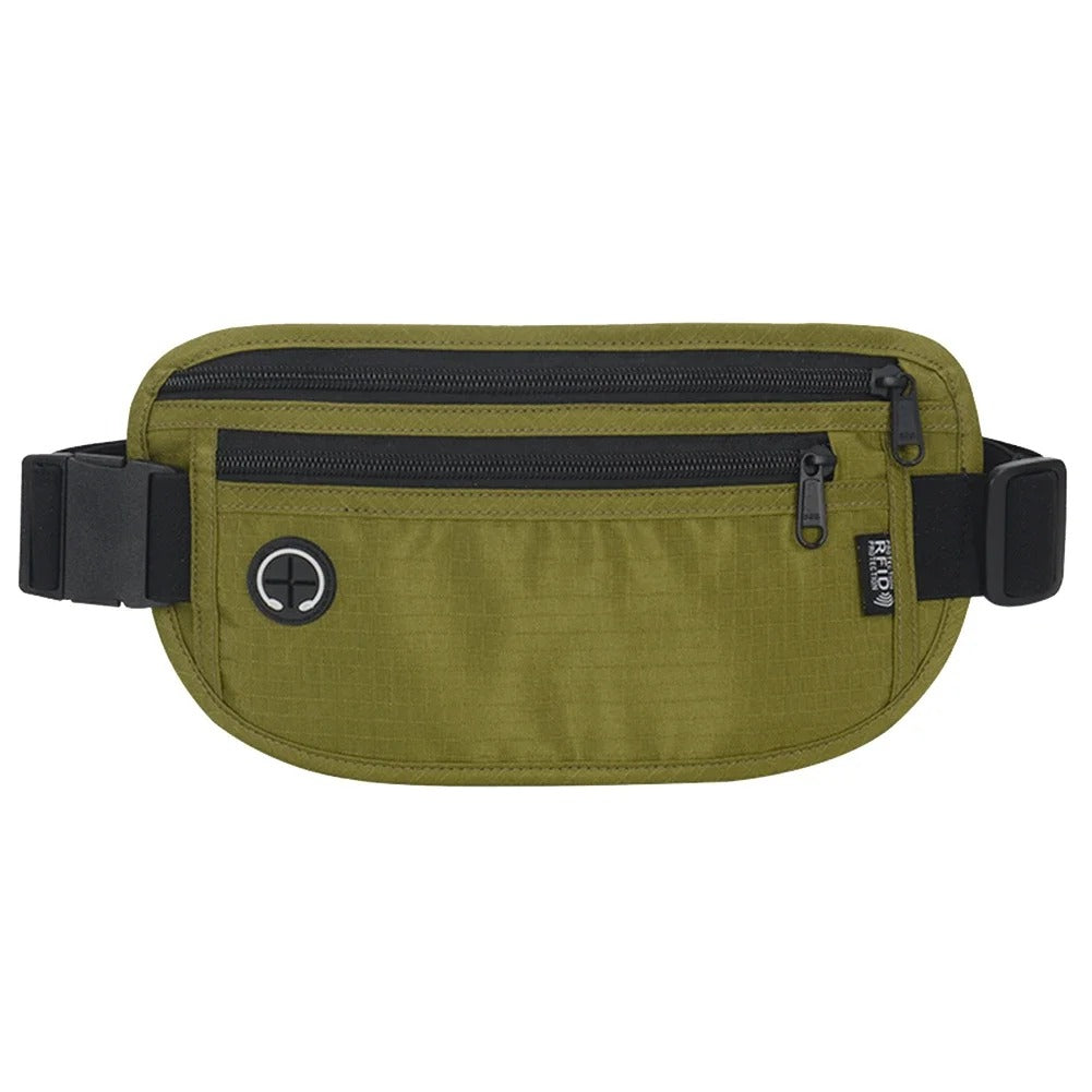 Front view of a gray travel waist pack featuring two zippered compartments and a circular headphone outlet, displayed against a white background.