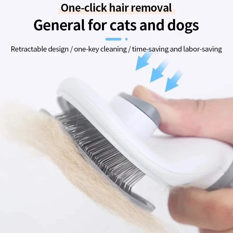 Image demonstrating the one-click hair removal feature of the pet brush, with a thumb pressing the release button to discard collected fur.
