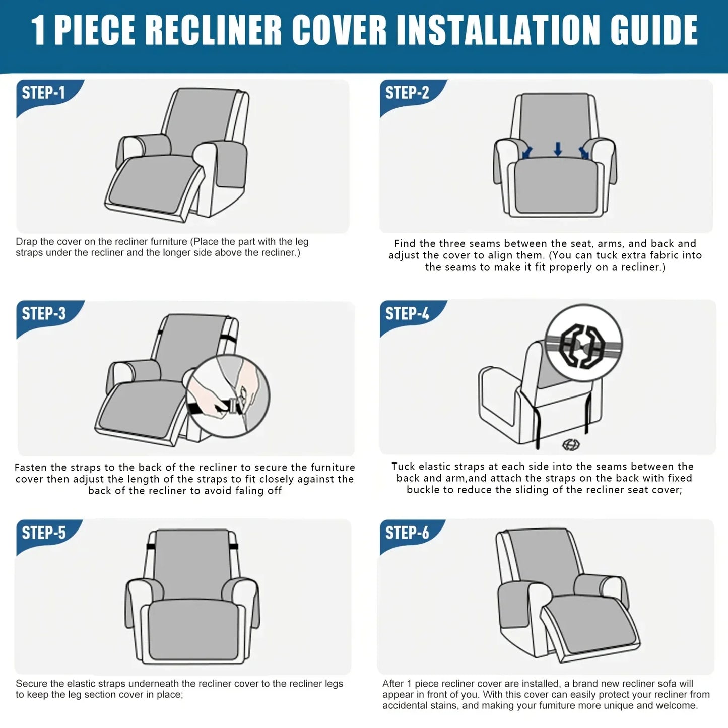 six-panel illustrated guide showing how to drape, align, strap, tuck, secure, and finish installing a one-piece recliner slipcover