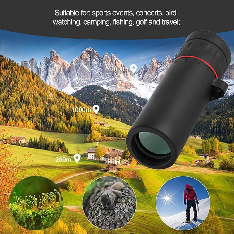 Monocular lens with mountain and village scenery marked by 200m, 1000m, and 2000m range indicators