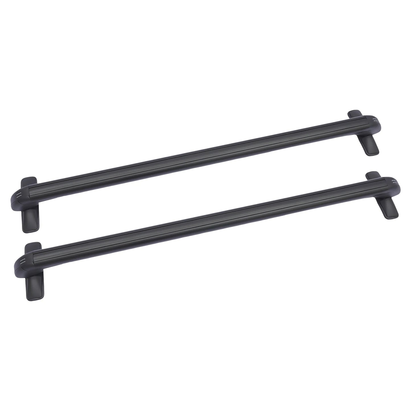 two black aluminum roof rack cross bars with integrated clamp feet shown on a white background, locking ends visible