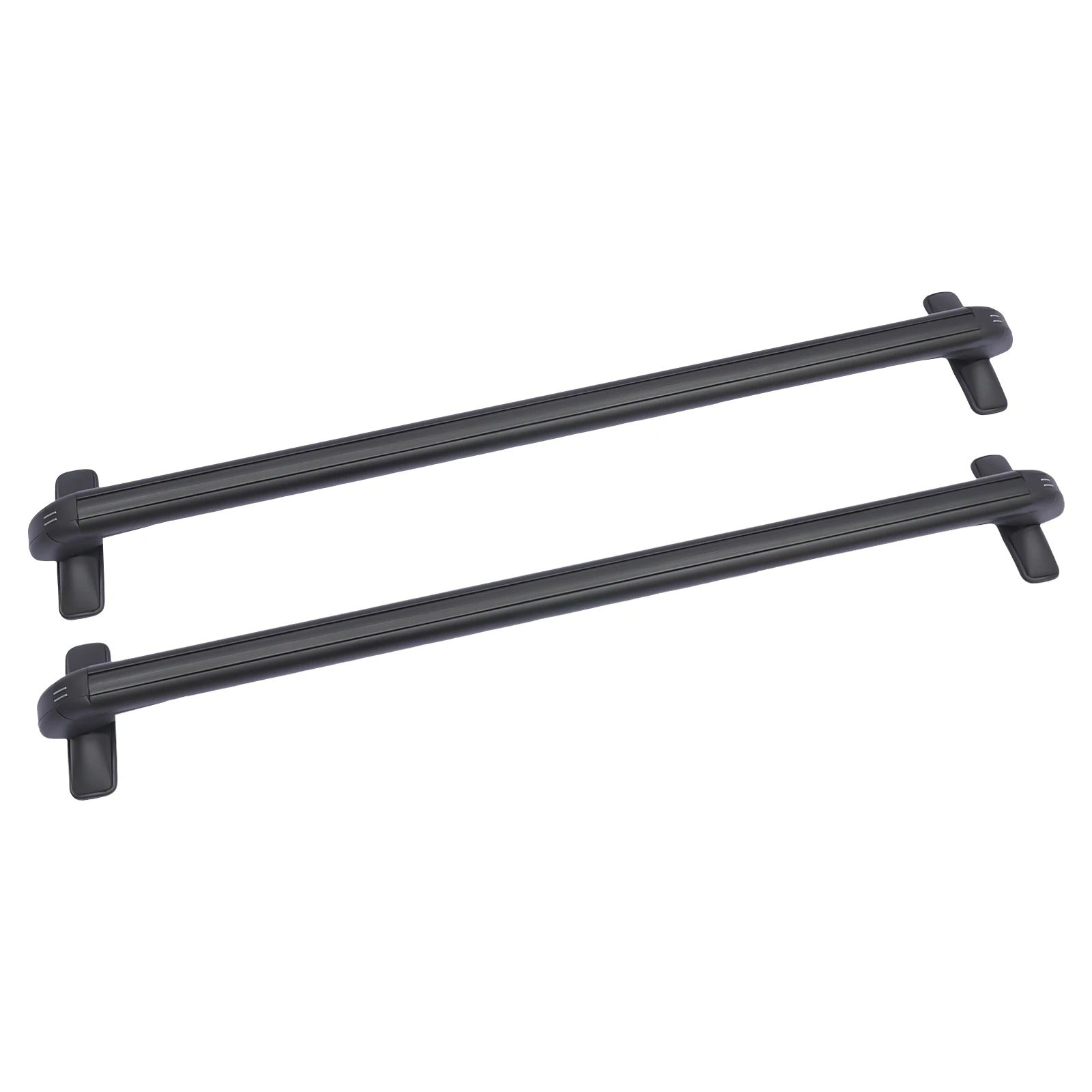 two black aluminum roof rack cross bars with integrated clamp feet shown on a white background, locking ends visible