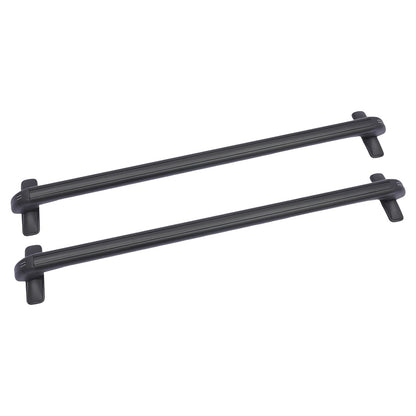 two black aluminum roof rack cross bars with integrated clamp feet shown on a white background, locking ends visible