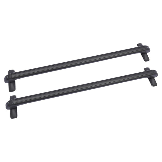 two black aluminum roof rack cross bars with integrated clamp feet shown on a white background, locking ends visible