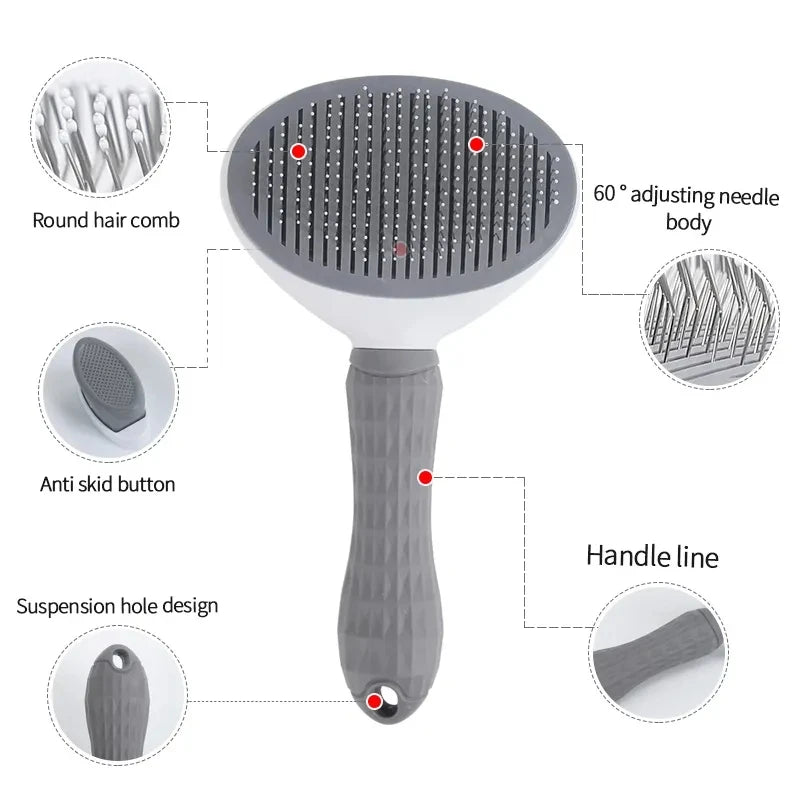 Annotated image of the gray brush highlighting key features like round comb tips, 60° angled bristles, anti-skid button, and hanging hole.