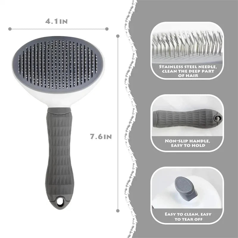 Dimensional diagram of the gray grooming brush with labeled features: stainless steel bristles, ergonomic non-slip handle, and easy-clean button.