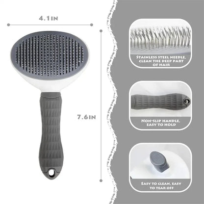 Dimensional diagram of the gray grooming brush with labeled features: stainless steel bristles, ergonomic non-slip handle, and easy-clean button.