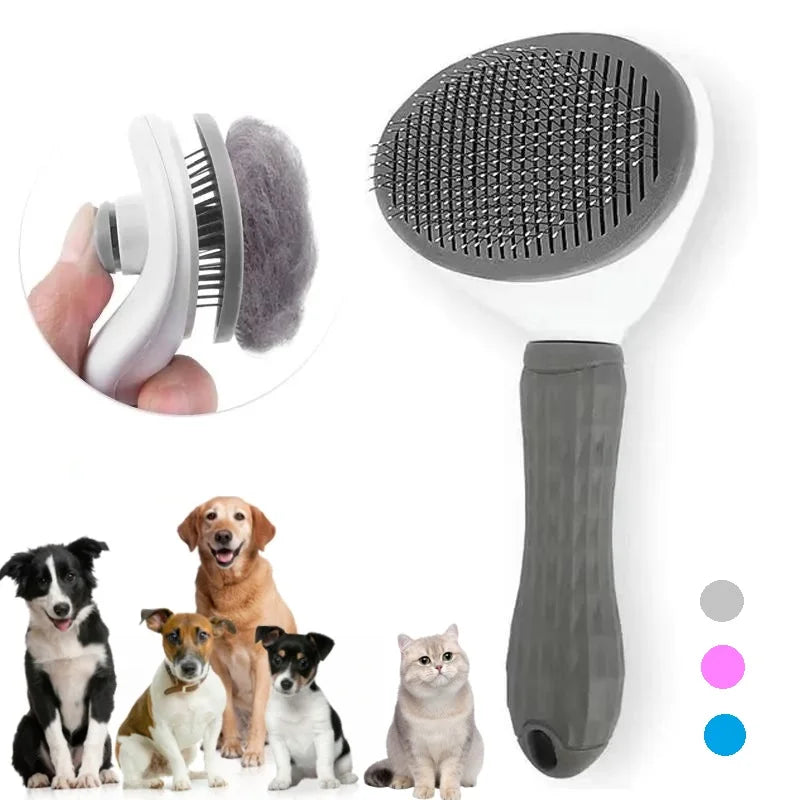 Pet brush shown beside various dog and cat breeds, with color swatches (gray, pink, blue) and an inset showing hair removal with the button mechanism.