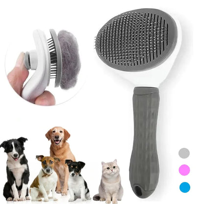 Pet brush shown beside various dog and cat breeds, with color swatches (gray, pink, blue) and an inset showing hair removal with the button mechanism.