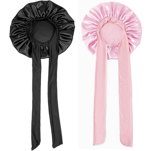 Satin Bonnets with Tie Band - Pink & Black Sleep Caps